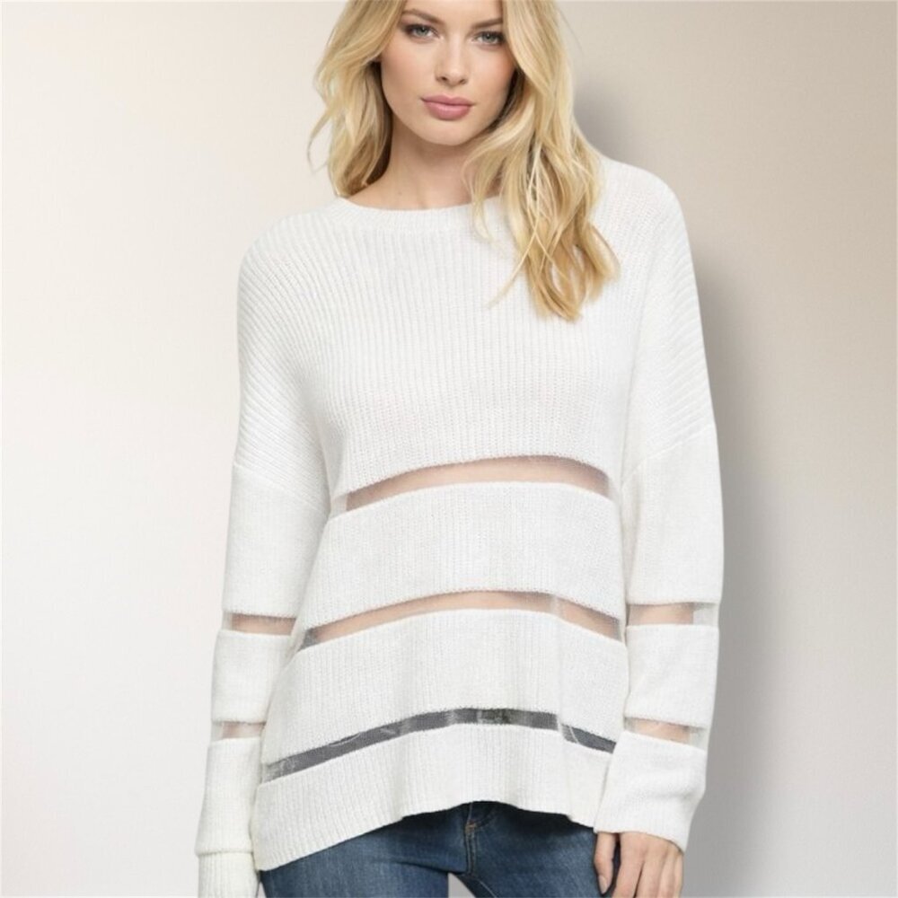 Forever‎ 21 M White Knit Sweater Sheer Cutout Striped Pullover Y2K Streetwear